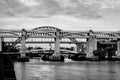 The High Level Bridge in Newcastle upon Tyne, UK, over river Tyne. Black and white Royalty Free Stock Photo