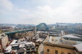 Newcastle upon Tyne UK: April 2022 a panoramic shot of the famous Newcastle Quayside and Tyne Bridge from a high viewpoint