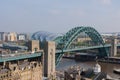 Newcastle upon Tyne UK: April 2022 a panoramic shot of the famous Newcastle Quayside and Tyne Bridge from a high viewpoint