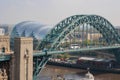 Newcastle upon Tyne UK: April 2022 view of the famous Newcastle Quayside and Tyne Bridge from a high viewpoint at Above in Royalty Free Stock Photo