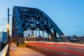 Tyne Bridge Newcastle, long exposure with blurred traffic during rush hour and blue hour. Colourful and bright Royalty Free Stock Photo