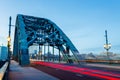 Tyne Bridge Newcastle, long exposure with blurred traffic during rush hour and blue hour. Colourful and bright Royalty Free Stock Photo