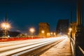 Tyne Bridge long exposure with blurred traffic during rush hour. Colourful and bright light trails Royalty Free Stock Photo