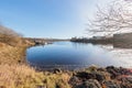 Newburn Riverside at the River Tyne, lovely still calm water on sunny day. A1 motorway bridge in Royalty Free Stock Photo