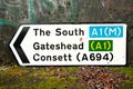 A traffic sign that has fallen down in storm. A1 motorway The South Gateshead Consett A694