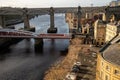 Newcastle UK: Nov 2021, View of the famous Newcastle Quayside in Autumn with beautiful warm winter sunlight Royalty Free Stock Photo