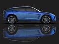 The newest sports all-wheel drive blue premium crossover in a black studio with a reflective floor. 3d rendering.