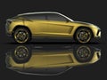 The newest sports all-wheel drive gold premium crossover in a black studio with a reflective floor. 3d rendering.