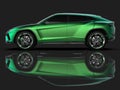 The newest sports all-wheel drive green premium crossover in a black studio with a reflective floor. 3d rendering. Royalty Free Stock Photo
