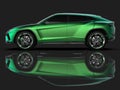 The newest sports all-wheel drive green premium crossover in a black studio with a reflective floor. 3d rendering.