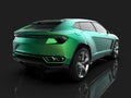 The newest sports all-wheel drive green premium crossover in a black studio with a reflective floor. 3d rendering.