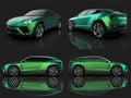 The newest sports all-wheel drive green premium crossover in a black studio with a reflective floor. 3d rendering. Royalty Free Stock Photo