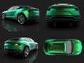 The newest sports all-wheel drive green premium crossover in a black studio with a reflective floor. 3d rendering. Royalty Free Stock Photo