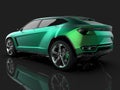 The newest sports all-wheel drive green premium crossover in a black studio with a reflective floor. 3d rendering. Royalty Free Stock Photo