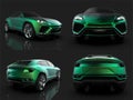 The newest sports all-wheel drive green premium crossover in a black studio with a reflective floor. 3d rendering. Royalty Free Stock Photo