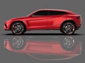 The newest sports all-wheel drive red premium crossover in a gray studio with a reflective floor. 3d rendering.