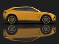 The newest sports all-wheel drive yellow premium crossover in a black studio with a reflective floor. 3d rendering.