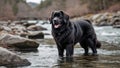 Newfoundland dog standing in shallow river among rocks Royalty Free Stock Photo