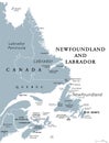 Newfoundland and Labrador, province of Canada, gray political map Royalty Free Stock Photo
