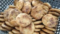 A newly baked foo chow bagels in the basket. Royalty Free Stock Photo