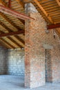 Newly build empty house. red brick walls, wooden roof