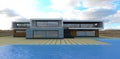 Newly built country house. Minimalistic modern design. Blue pool cloudy sky. Paving stone from concrete slabs. 3d render