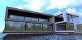 Newly built empty country house. A look through the eyes of a person floating in a pool. 3d render Royalty Free Stock Photo