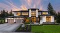 a newly-built home exuding luxury, boasting modern aesthetics, ample space, and the convenience of a two-car garage. Royalty Free Stock Photo