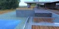 Newly built house with a swimming pool with steps going into the depths. Natural paving stone. Concrete wall cladding. Wooden