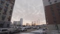 Newly built houses in the sleeping area of the city. Action. Construction of high rise apartment buildings and many Royalty Free Stock Photo