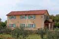 Newly built modern Mediterranean villa with new facade and open blue wooden window blinds with traditional stone wall and olive