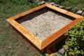 Newly built sandbox for small children in the garden