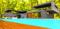 Newly built suburban mansion with large pool in beautiful autumn forest at warm sunny day. 3d rendering