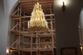 A newly constructed building of the church scaffolding cladding domes chandelier Royalty Free Stock Photo