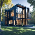 Newly constructed contemporary home with maple fall trees under blue sky. Ultra modern, minimalistic, stylish house in black. A