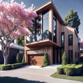 Newly constructed contemporary home under bright sky with cherry trees. Ultra modern, minimalistic, stylish house in brown. A Royalty Free Stock Photo