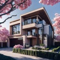 Newly constructed contemporary home under bright sky with cherry trees. Ultra modern, minimalistic, stylish house in brown. A Royalty Free Stock Photo