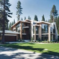 Newly constructed contemporary home under bright sky in pine forest. Ultra modern, minimalistic, stylish house in white and brown Royalty Free Stock Photo