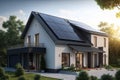 Newly constructed home with solar panels on the roof under a bright sky Royalty Free Stock Photo