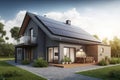 newly constructed homes with solar panels on the roof under a bright sky A close up of a brand new structure with dark solar