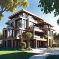 Newly constructed homes under a bright sky. Ultra modern, minimalistic, stylish house in brown. A close up of a brand new