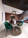 Newly designed kitchen with dining room, loft style, green chairs, brick wall Royalty Free Stock Photo