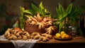 newly harvested ginger roots and their vibrant leaves