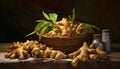 newly harvested ginger roots and their vibrant leaves