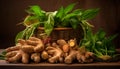 newly harvested ginger roots and their vibrant leaves