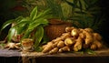 newly harvested ginger roots and their vibrant leaves