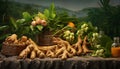 newly harvested ginger roots and their vibrant leaves