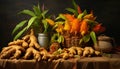 newly harvested ginger roots and their vibrant leaves