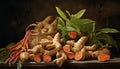 newly harvested ginger roots and their vibrant leaves