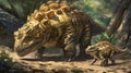 A newly hatched ankylosaurus gingerly begins to walk its thick armored tail providing balance as its parents stay close Royalty Free Stock Photo